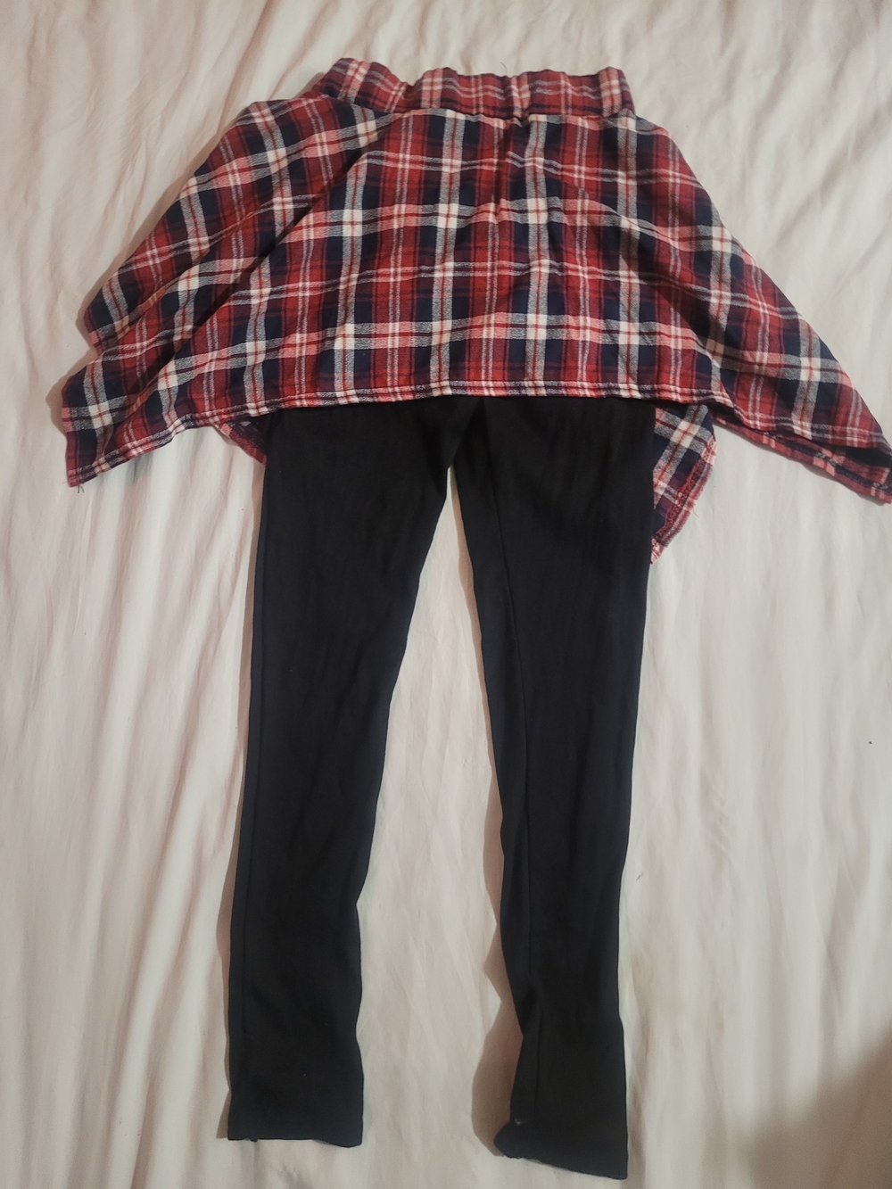 Girls Black Leggings with Red Plaid Skirt Overlay - Layered Skirted Leggings